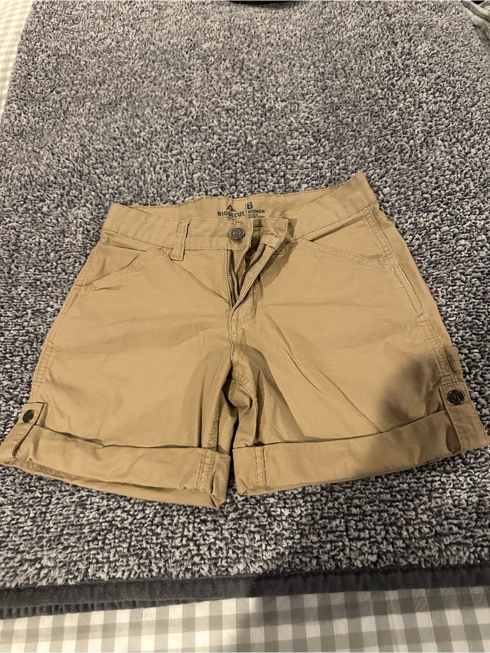Women's Tan Roll-Cuff Bermuda Shorts with Button-Tab Detail